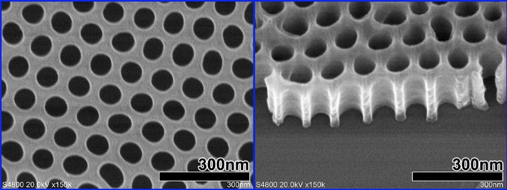 SEM images of AAO membrane on the substrate (glass/silicon) SEM images of AAO membrane on the substrate (glass/silicon)