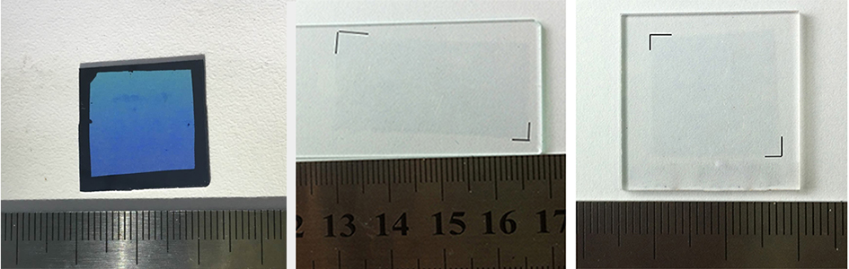 ultrathin AAO template on silicon (left), glass (middle) and fused silica (right)